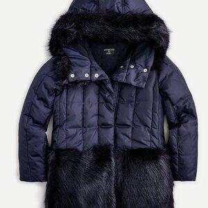 J.Crew Crewcuts Girls' Navy Faux Fur Trim Hooded Puffer Parka - 16